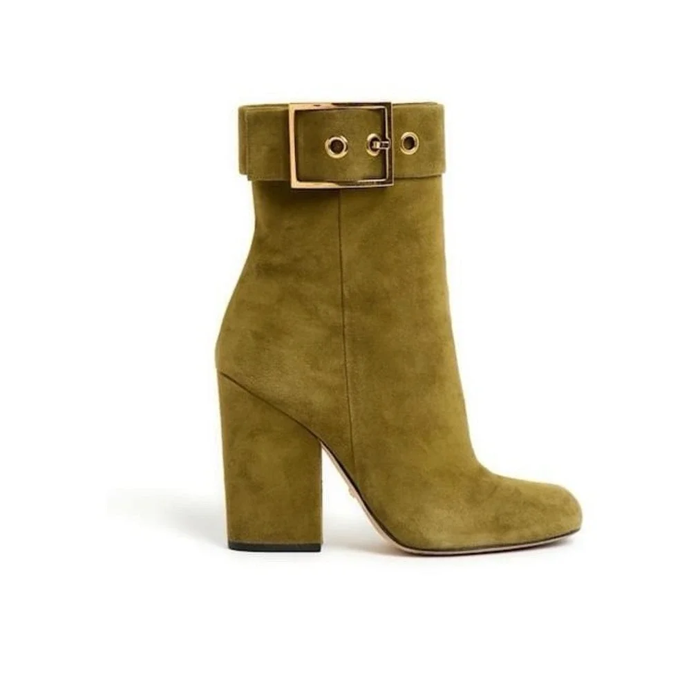Gucci Kesha Suede Olive Green Ankle Boots Gold Buckle Block Heel Sz 38.5